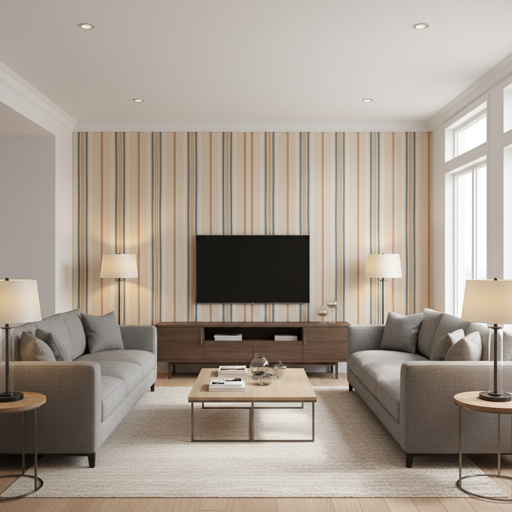 Nautique Emb - Denim/Gold Blue By Lee Jofa | Oscar De La Renta Iv |Global Stripes Multipurpose Embroidery - Living Room Room Setting