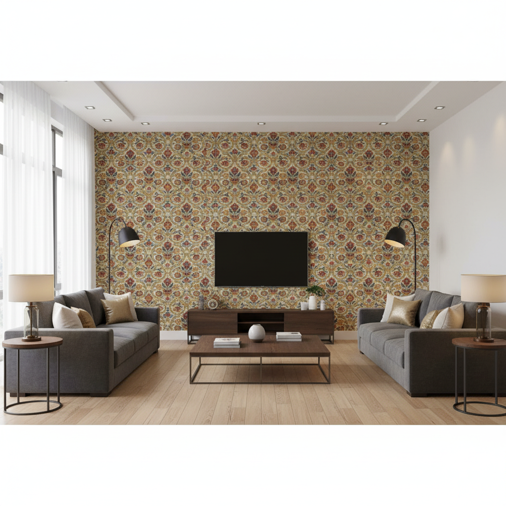 New Sevilla - Ruby/Blue Burgundy/Red By Lee Jofa |  | Medallion / Suzani / Persian Multipurpose Print - Living Room Room Setting