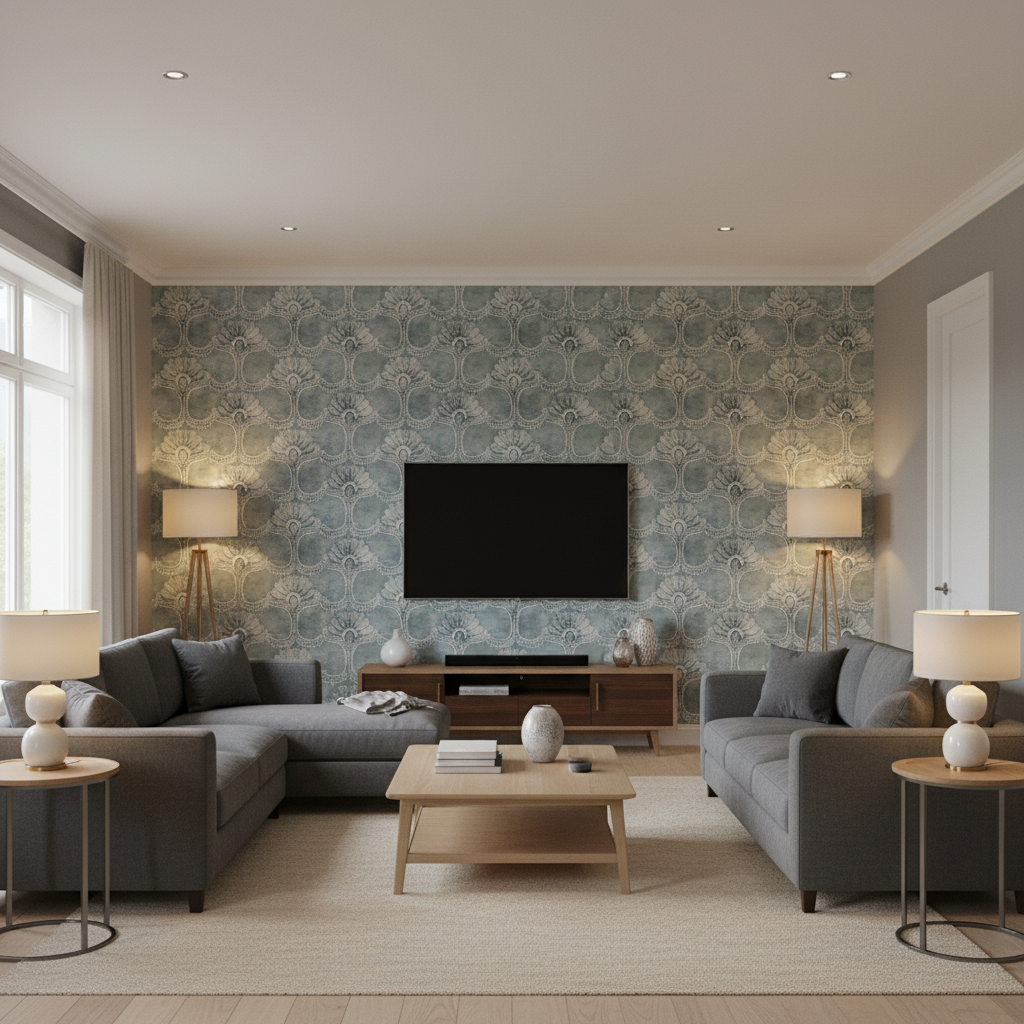 Odessa - Blue Blue By Lee Jofa | Paolo Moschino Fabrics |Botanical & Floral Lattice/Scrollwork Multipurpose Print - Living Room Room Setting