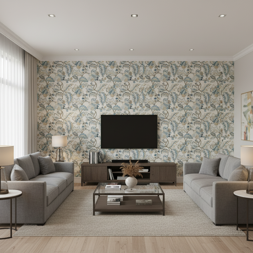 Orford Embroidery - Blue/Gold Multi By Lee Jofa | Manor House |Botanical & Floral Jacobeans Multipurpose Embroidery - Living Room Room Setting