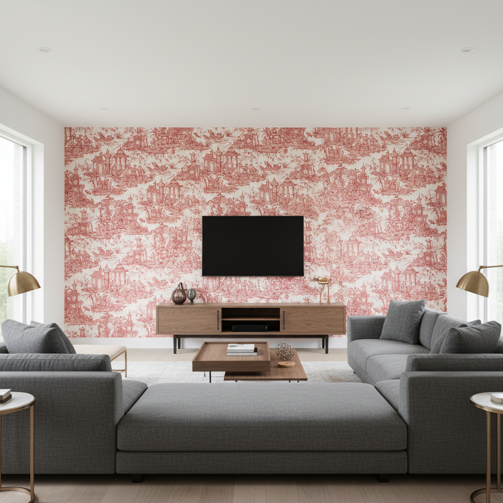 Pagoda Toile - Garnet Red By Lee Jofa | Oscar De La Renta Iv | Toile Multipurpose Print - Living Room Room Setting