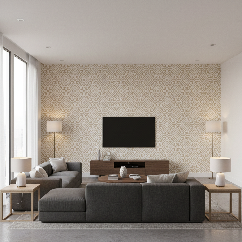 Prado Weave - Dune Beige By Lee Jofa | Triana Weaves |Geometric Lattice/Scrollwork Upholstery - Living Room Room Setting