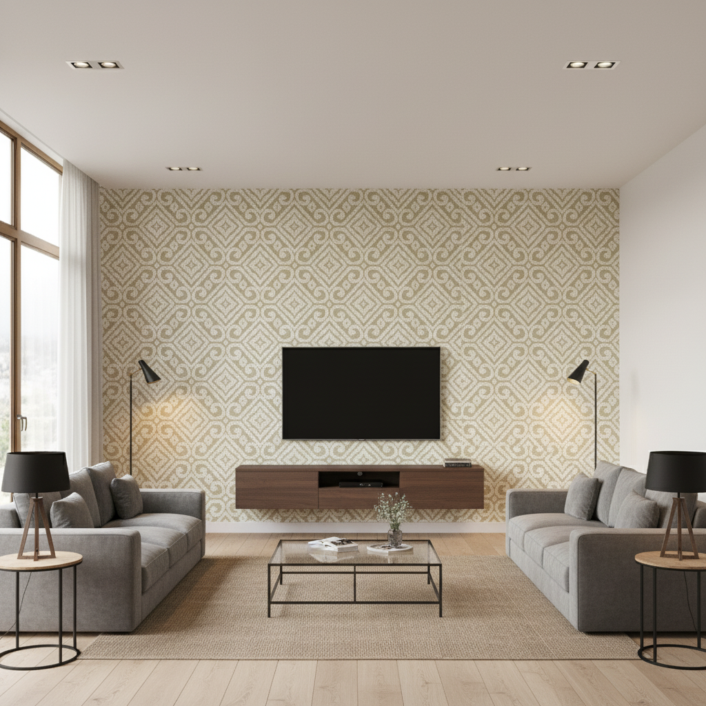 Prado Weave - Moss Green By Lee Jofa | Triana Weaves |Geometric Lattice/Scrollwork Upholstery - Living Room Room Setting