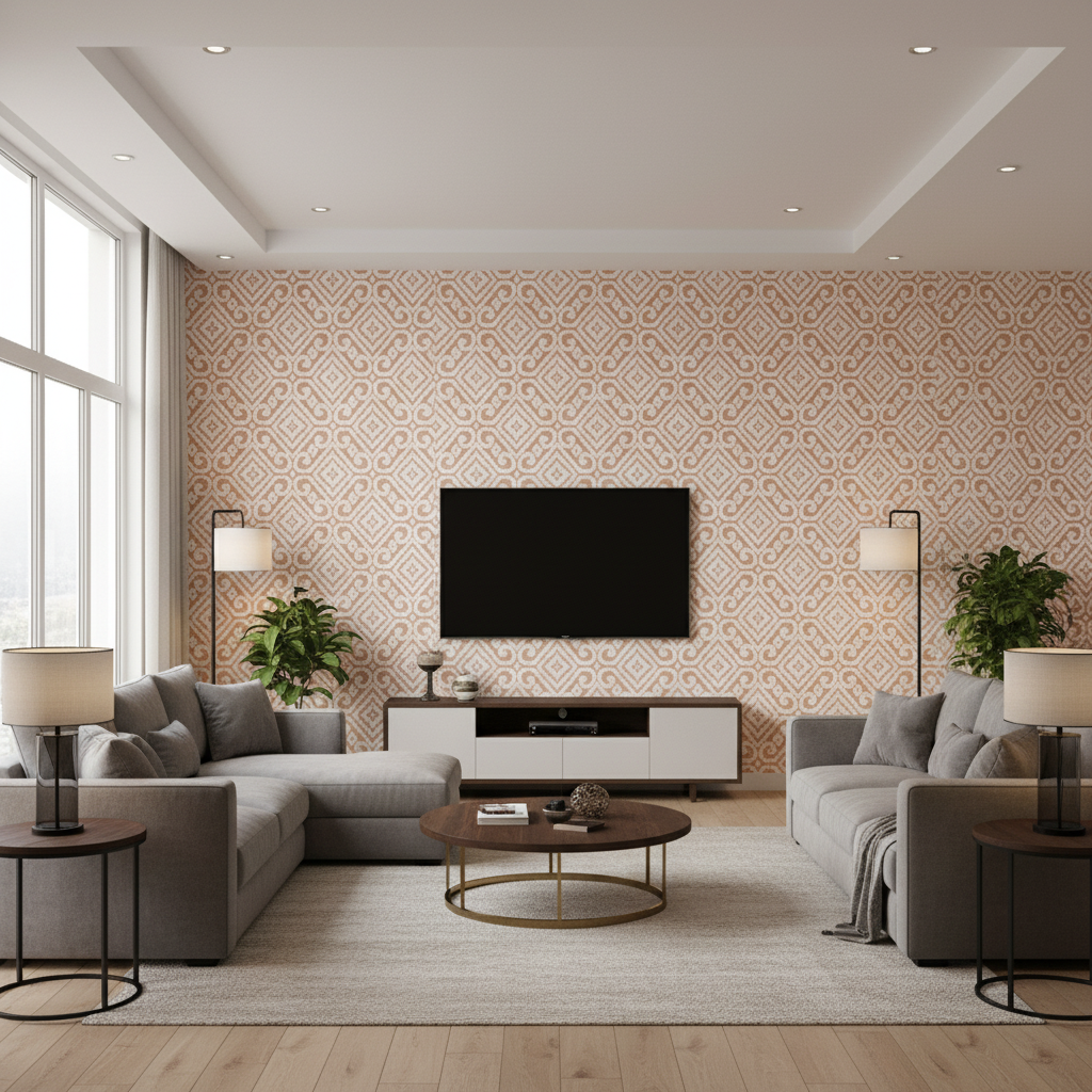 Prado Weave - Petal Pink By Lee Jofa | Triana Weaves |Geometric Lattice/Scrollwork Upholstery - Living Room Room Setting