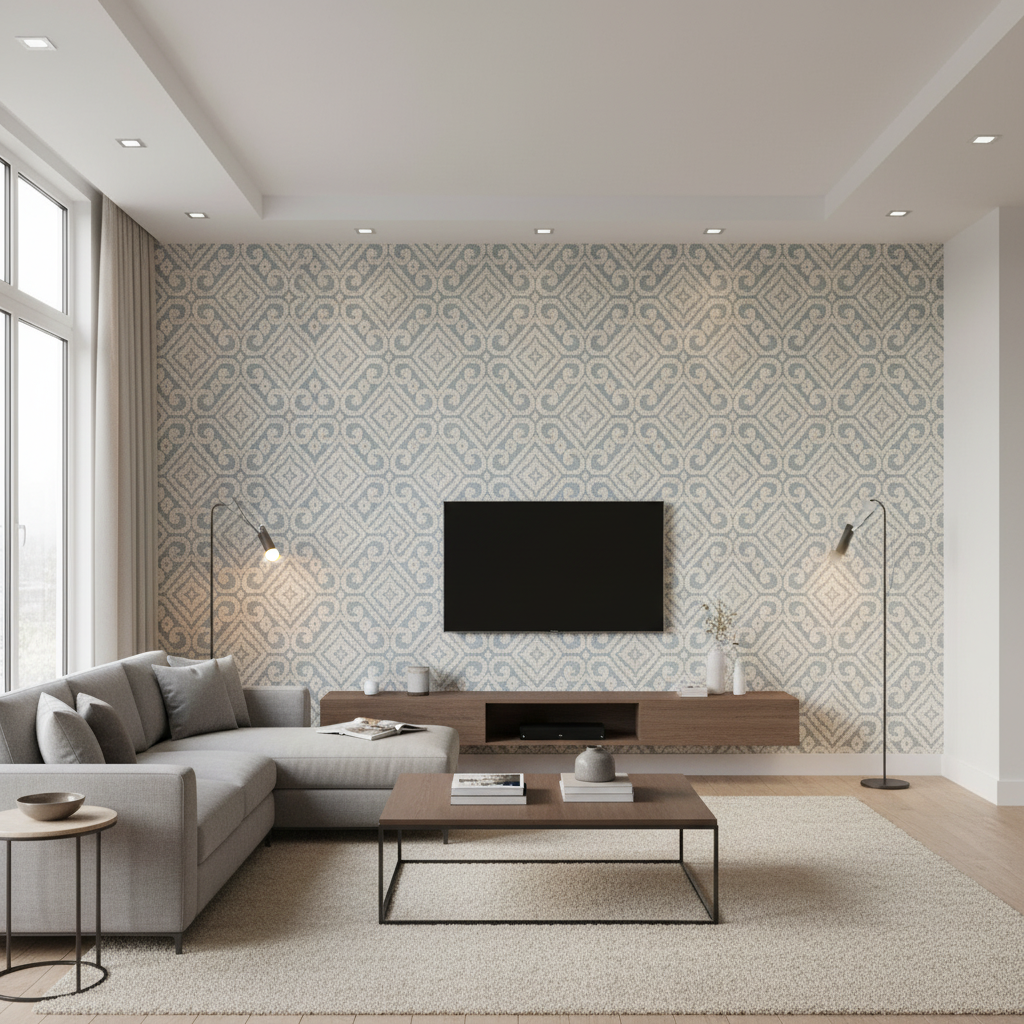 Prado Weave - Sky Light Blue By Lee Jofa | Triana Weaves |Geometric Lattice/Scrollwork Upholstery - Living Room Room Setting