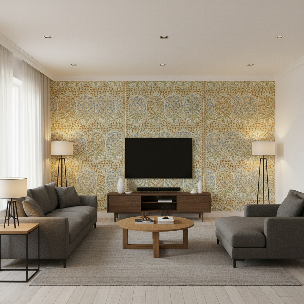 Sameera - Sapphire/Gold Multi By Lee Jofa | Oscar De La Renta Iii |Botanical & Floral Global Multipurpose Print - Living Room Room Setting