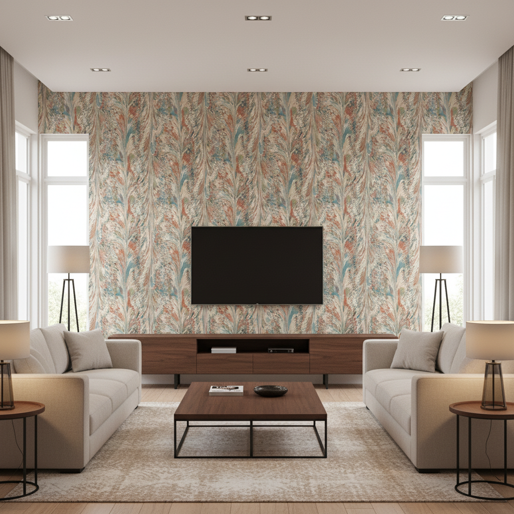 Taplow Print - Clay/Blue Orange By Lee Jofa | Garden Walk | Abstract Multipurpose Print - Living Room Room Setting