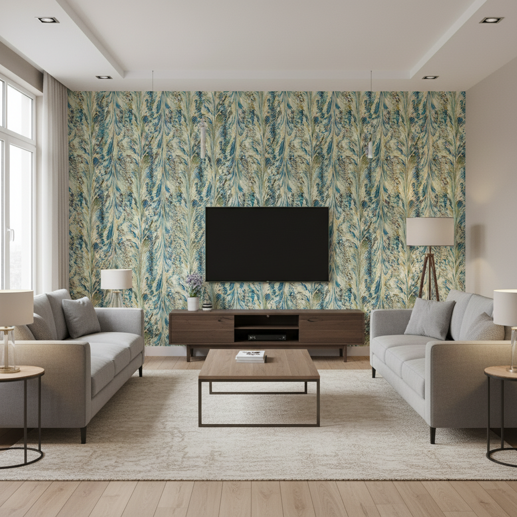 Taplow Print - Peacock/Gold Multi By Lee Jofa | Manor House | Modern Multipurpose Print - Living Room Room Setting