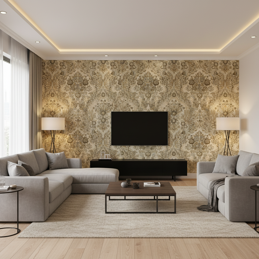 Tetbury - Grey/Bisque Grey By Lee Jofa | Royal Oak Anniversary | Medallion / Suzani / Persian Multipurpose Print - Living Room Room Setting