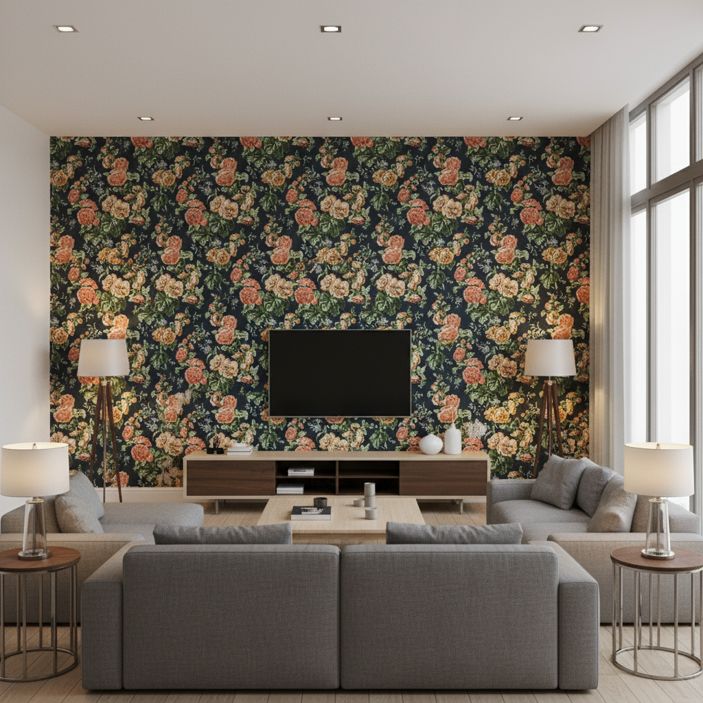 Upton Cotton - Navy/Coral Multi By Lee Jofa | Oscar De La Renta Iv |Botanical & Floral  Multipurpose Print - Living Room Room Setting