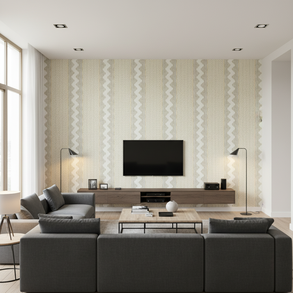 Whitaker Print - Grey/Sand Grey By Lee Jofa | Avondale |Global Stripes Multipurpose Print - Living Room Room Setting