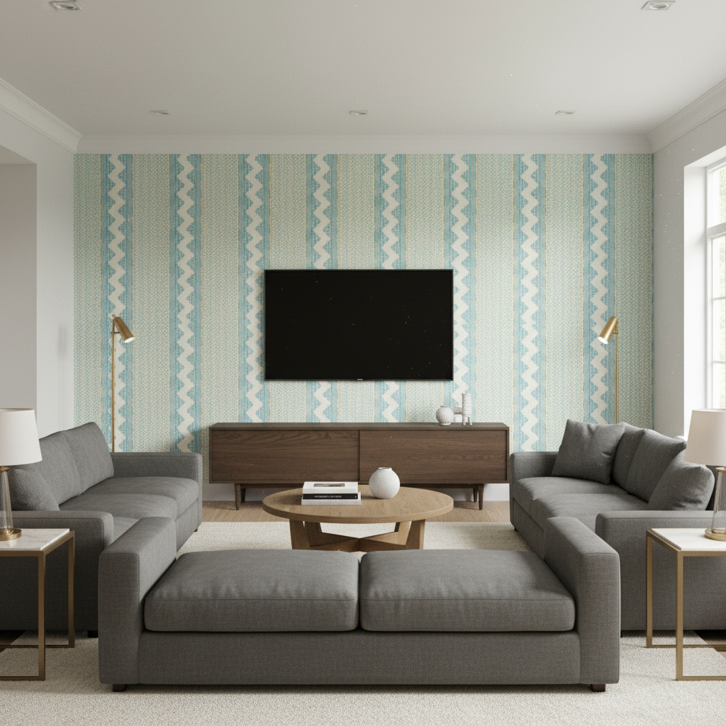 Whitaker Print - Ocean/Gold Turquoise By Lee Jofa | Avondale |Global Stripes Multipurpose Print - Living Room Room Setting