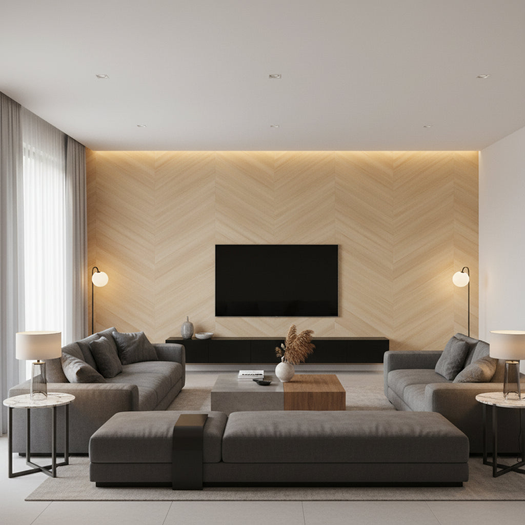 Ajiro Chevron Polished Maple | Maya Romanoff - Living Room Visualization (AI-generated, may not be to scale. Verify pattern scale with product specifications.)