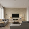 Ajiro Chevron Teak Luster | Maya Romanoff - Living Room Visualization (AI-generated, may not be to scale. Verify pattern scale with product specifications.)
