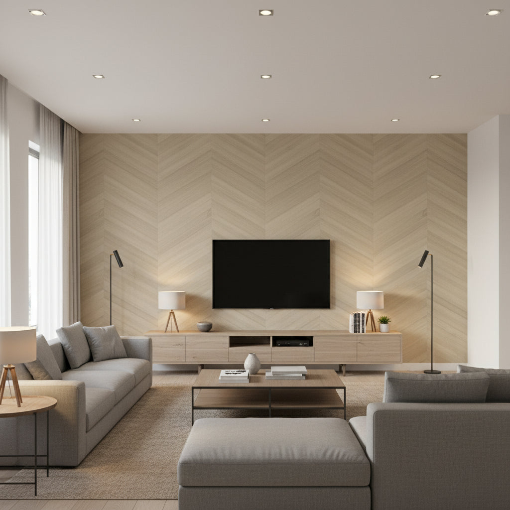 Ajiro Chevron Teak Luster | Maya Romanoff - Living Room Visualization (AI-generated, may not be to scale. Verify pattern scale with product specifications.)