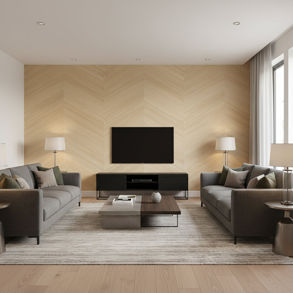 Grand Scale Ajiro Chevron - Polished Maple | Maya Romanoff - Living Room Visualization (AI-generated, may not be to scale. Verify pattern scale with product specifications.)