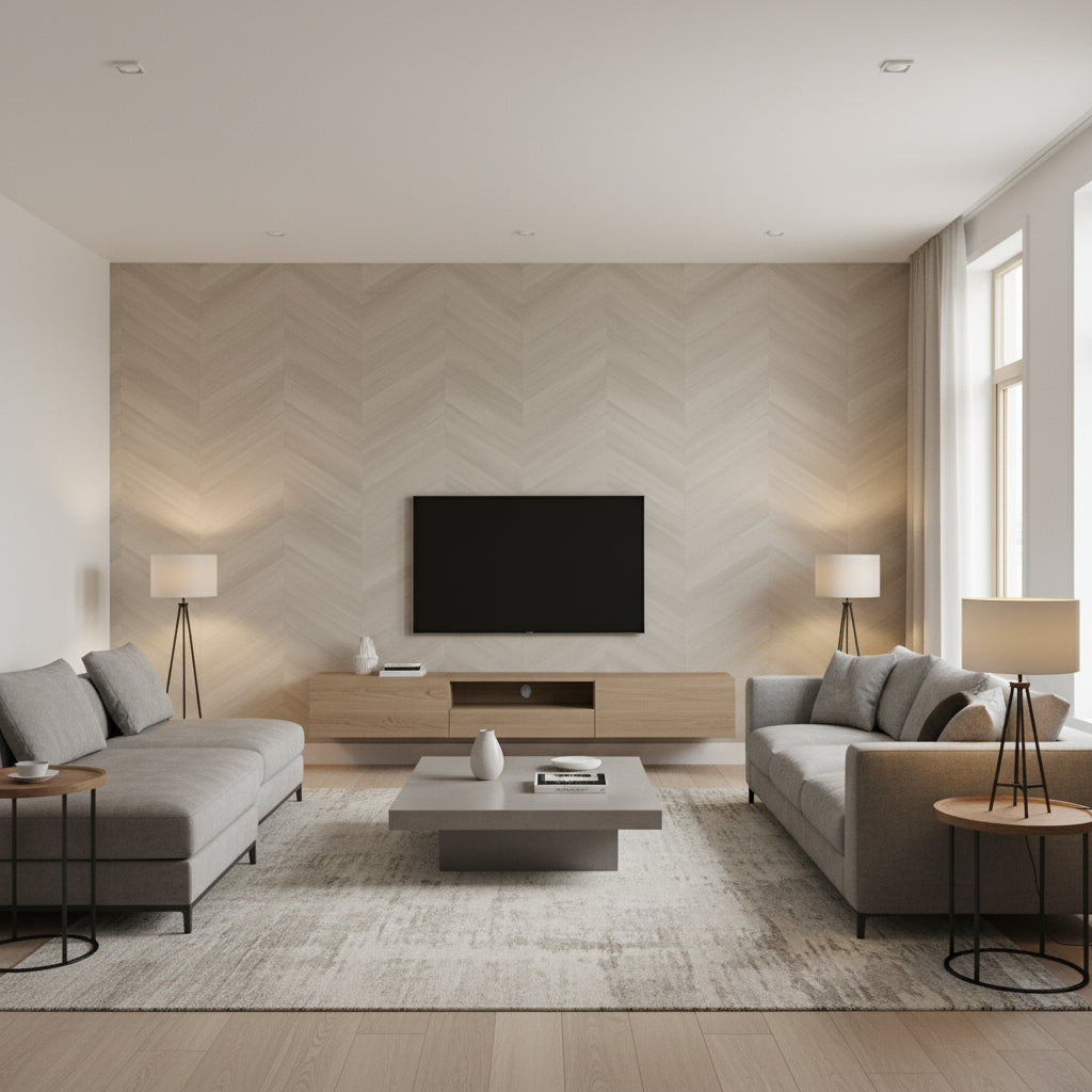 Grand Scale Ajiro Chevron - Polished Silver Birch Luster | Maya Romanoff - Living Room Visualization (AI-generated, may not be to scale. Verify pattern scale with product specifications.)