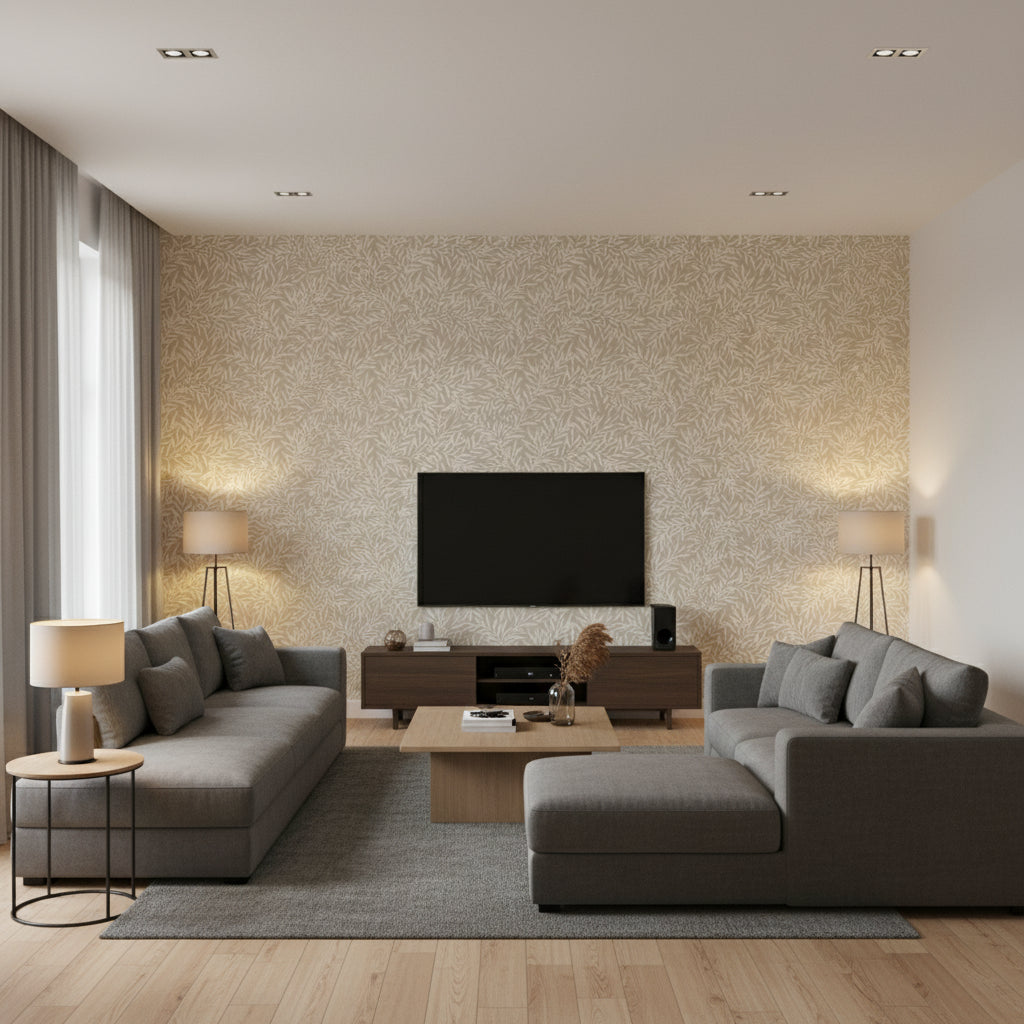 Rowan Wallcovering Neutral | Ralph Lauren - Living Room Visualization (AI-generated, may not be to scale. Verify pattern scale with product specifications.)
