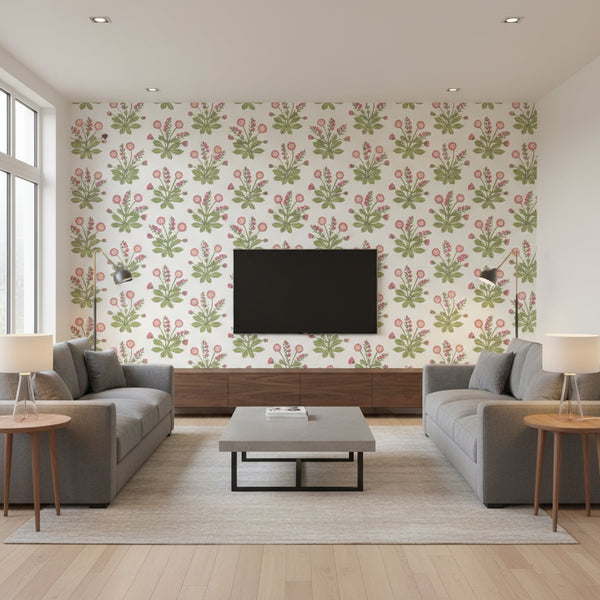 Meadow Flowers Wallcovering - White/Rose | Ronald Redding