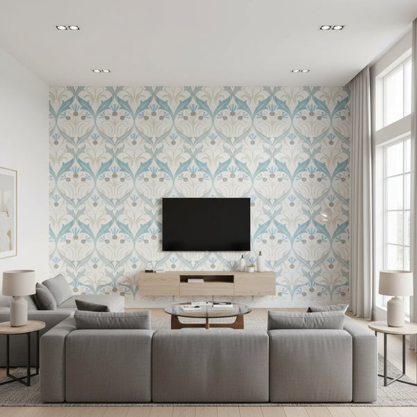 Pinecone Ribbon Wallcovering - Teal | Ronald Redding