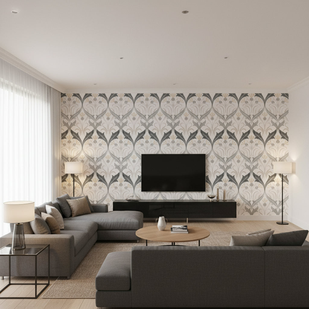 Pinecone Ribbon Wallcovering Charcoal | Ralph Lauren - Living Room Visualization (AI-generated, may not be to scale. Verify pattern scale with product specifications.)
