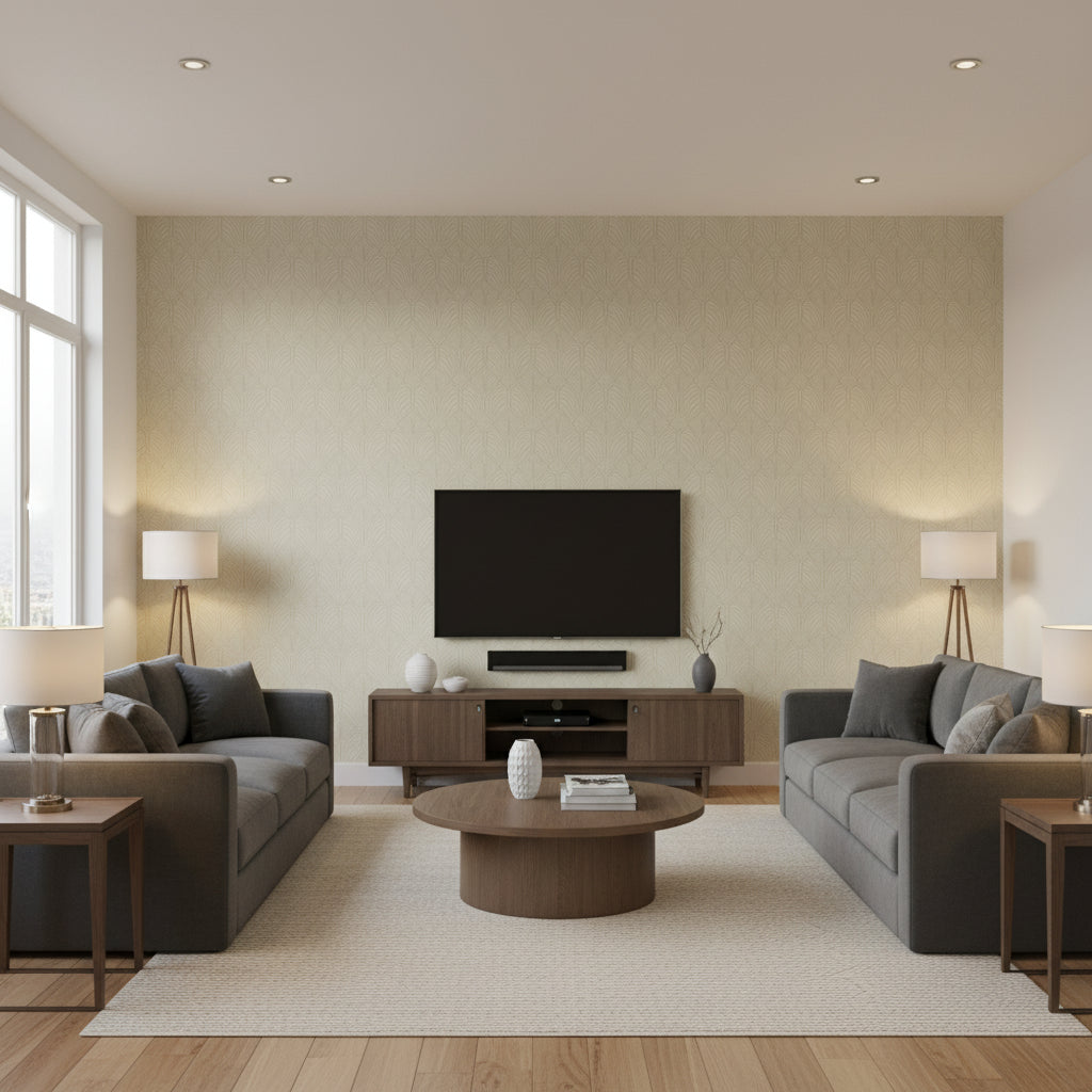 Craftsman Wallcovering Green | Ralph Lauren - Living Room Visualization (AI-generated, may not be to scale. Verify pattern scale with product specifications.)