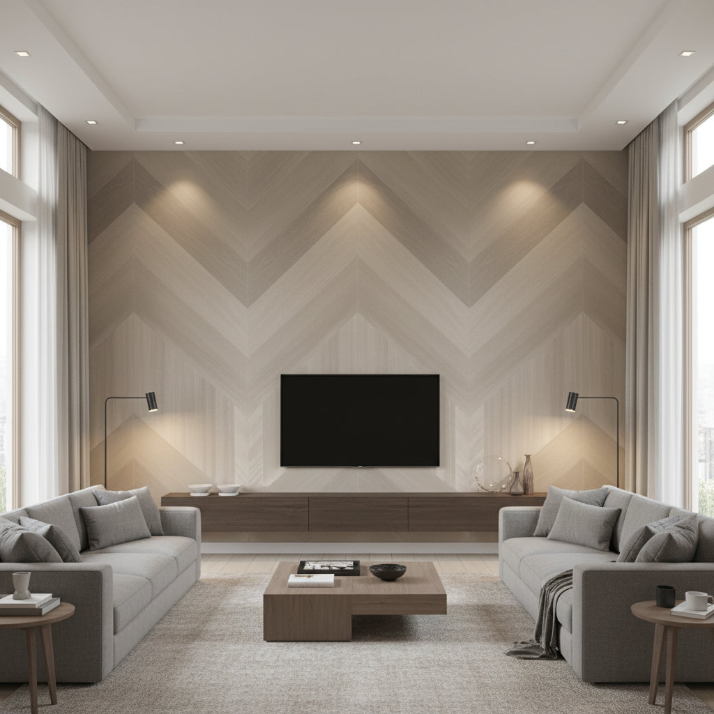 Ajiro Coffers - Silver Birch Luster | Maya Romanoff - Living Room Visualization (AI-generated, may not be to scale. Verify pattern scale with product specifications.)