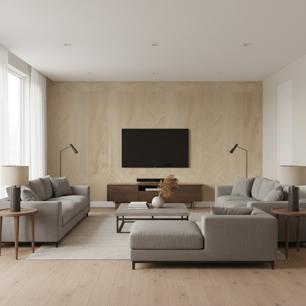 Grand Scale Ajiro Coffers - Teak Luster | Maya Romanoff - Living Room Visualization (AI-generated, may not be to scale. Verify pattern scale with product specifications.)