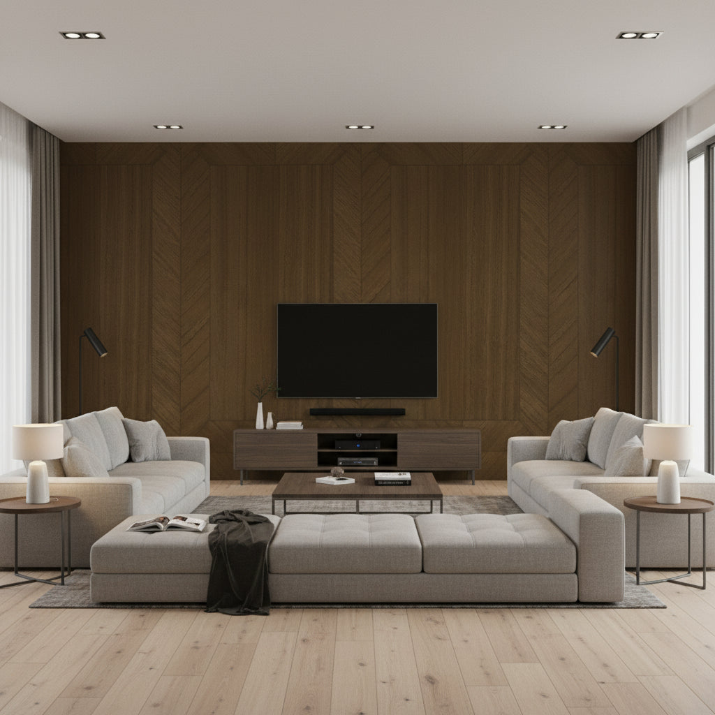 Grand Scale Ajiro Coffers - Cacao Luster | Maya Romanoff - Living Room Visualization (AI-generated, may not be to scale. Verify pattern scale with product specifications.)