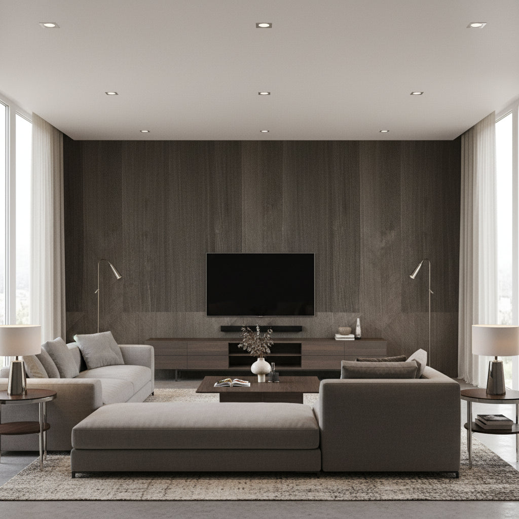 Grand Scale Ajiro Coffers - Ash Luster | Maya Romanoff - Living Room Visualization (AI-generated, may not be to scale. Verify pattern scale with product specifications.)