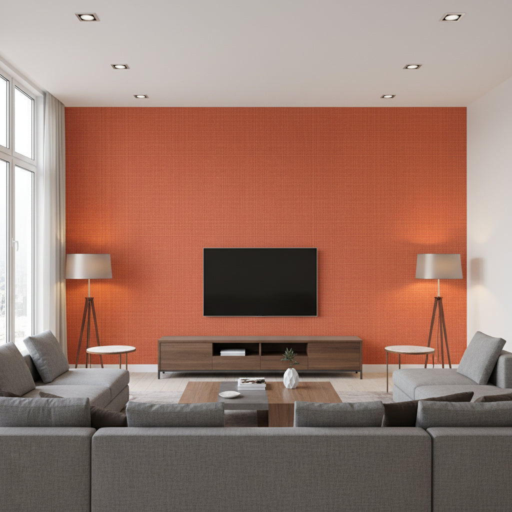 Adalyn Weave Tan | Architectural Wallcoverings - Living Room Visualization (AI-generated, may not be to scale. Verify pattern scale with product specifications.)