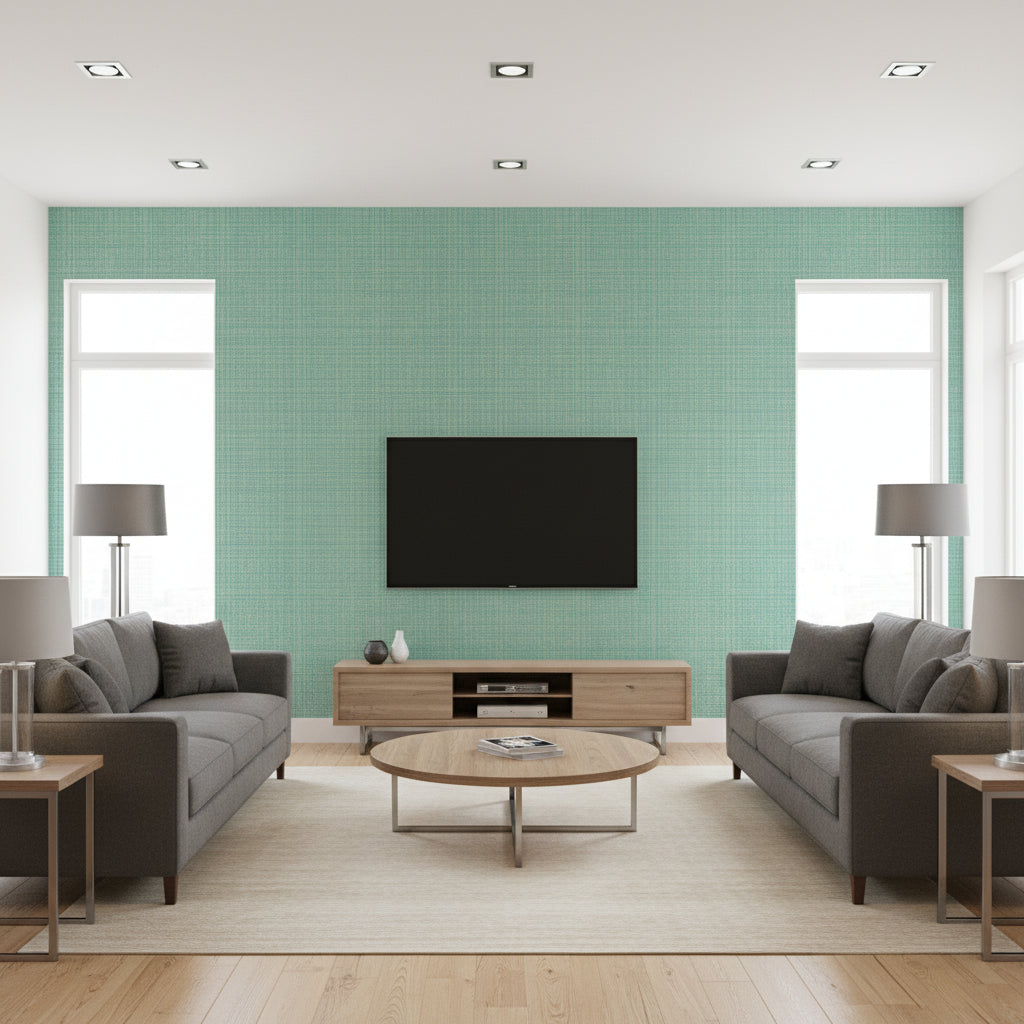 Adalyn Weave Lagoon | Architectural Wallcoverings - Living Room Visualization (AI-generated, may not be to scale. Verify pattern scale with product specifications.)