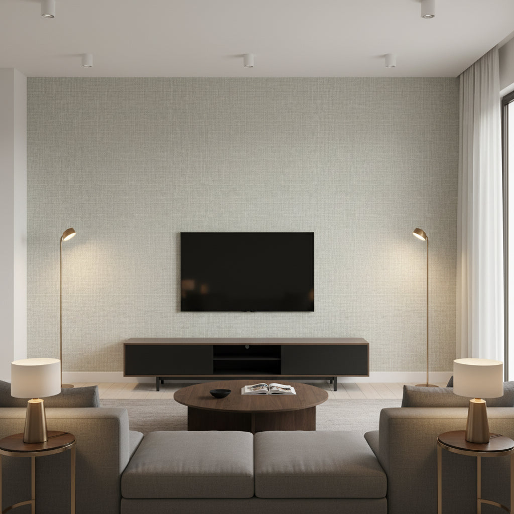 Adalyn Weave Gray | Architectural Wallcoverings - Living Room Visualization (AI-generated, may not be to scale. Verify pattern scale with product specifications.)