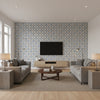 LEILA TAPE Tapes &amp; Trims (AE12343) – Stone and Blue | Thibaut - Living Room Visualization (AI-generated, may not be to scale. Verify pattern scale with product specifications.)
