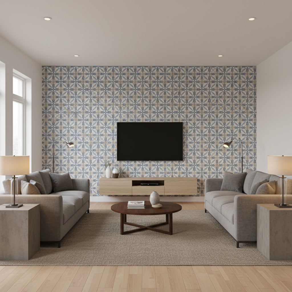 LEILA TAPE Tapes &amp; Trims (AE12343) – Stone and Blue | Thibaut - Living Room Visualization (AI-generated, may not be to scale. Verify pattern scale with product specifications.)