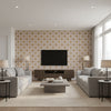 LEILA TAPE Tapes &amp; Trims (AE12344) – Soft Gold and Ginger | Thibaut - Living Room Visualization (AI-generated, may not be to scale. Verify pattern scale with product specifications.)