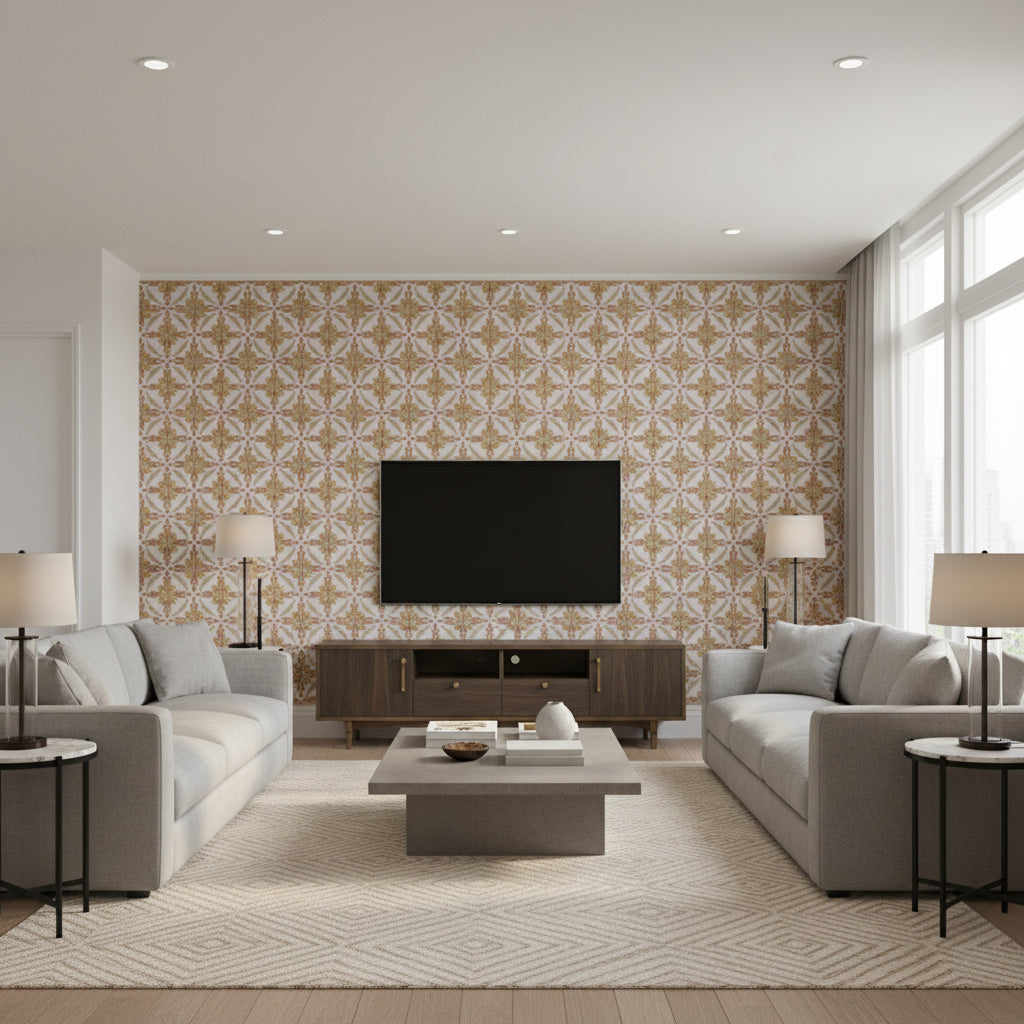 LEILA TAPE Tapes &amp; Trims (AE12344) – Soft Gold and Ginger | Thibaut - Living Room Visualization (AI-generated, may not be to scale. Verify pattern scale with product specifications.)