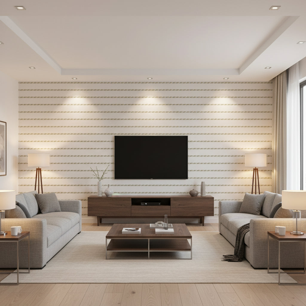 MAREN CORD Tapes &amp; Trims (AE12346) – Willow and Soft Gold | Thibaut - Living Room Visualization (AI-generated, may not be to scale. Verify pattern scale with product specifications.)