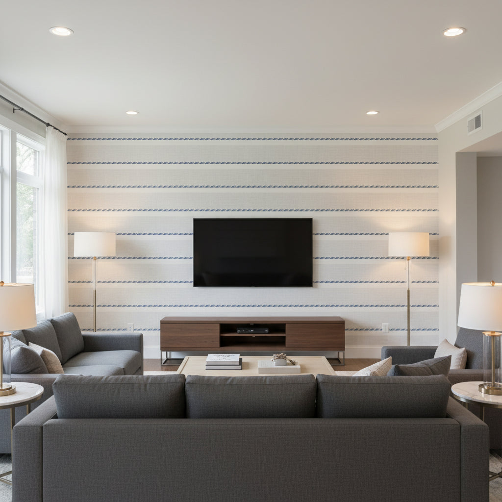 MAREN CORD Tapes &amp; Trims (AE12352) – French Blue and Sky | Thibaut - Living Room Visualization (AI-generated, may not be to scale. Verify pattern scale with product specifications.)