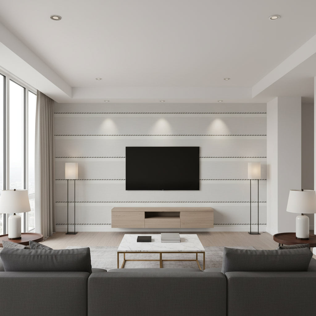 MAREN CORD Tapes &amp; Trims (AE12353) – Ebony and Stone | Thibaut - Living Room Visualization (AI-generated, may not be to scale. Verify pattern scale with product specifications.)