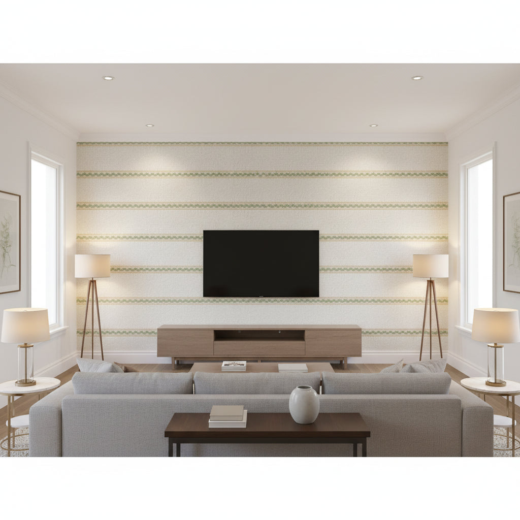 BREE TAPE Tapes &amp; Trims (AE12371) – Willow and Soft Gold | Thibaut - Living Room Visualization (AI-generated, may not be to scale. Verify pattern scale with product specifications.)