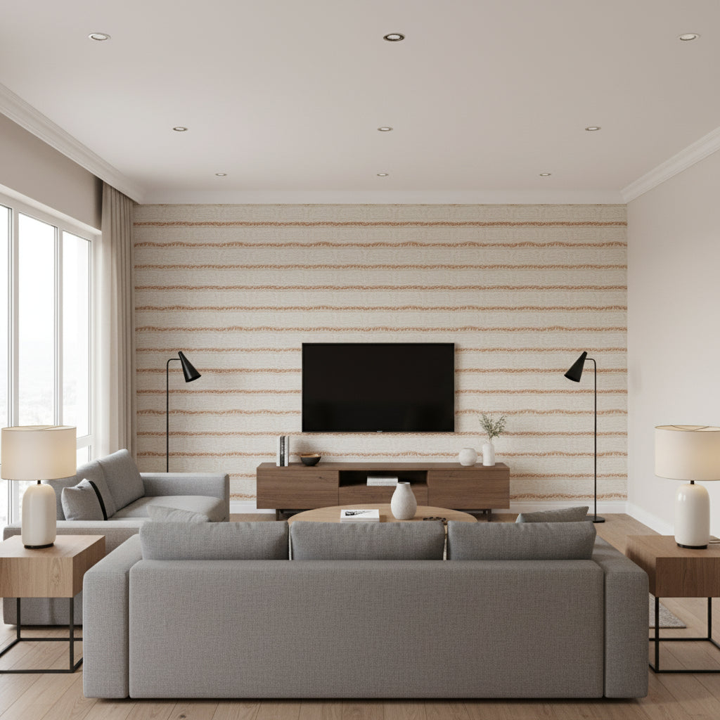 BREE TAPE Tapes &amp; Trims (AE12372) – Paprika and Soft Gold | Thibaut - Living Room Visualization (AI-generated, may not be to scale. Verify pattern scale with product specifications.)
