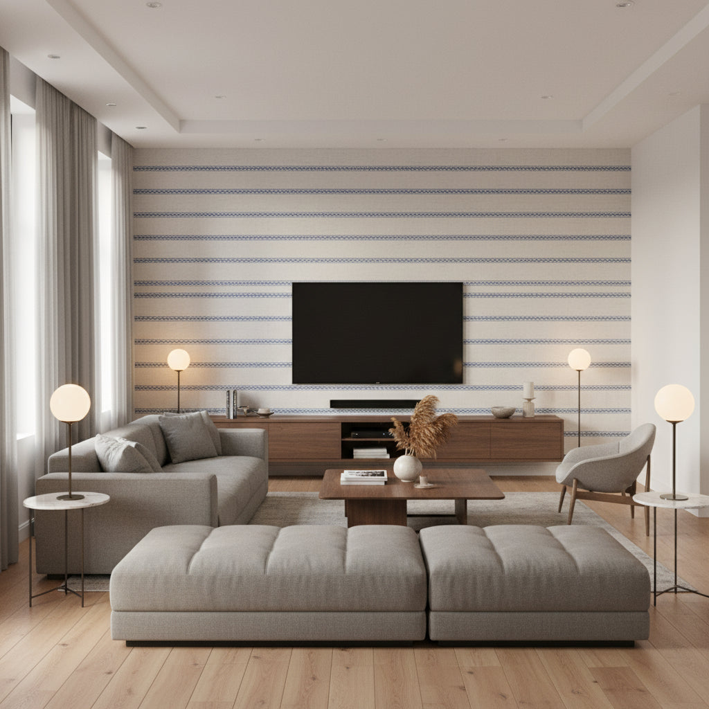 BREE TAPE Tapes &amp; Trims (AE12377) – French Blue and Sky | Thibaut - Living Room Visualization (AI-generated, may not be to scale. Verify pattern scale with product specifications.)