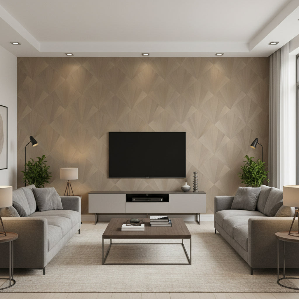 Ajiro Fanfare Silver Birch Luster | Maya Romanoff - Living Room Visualization (AI-generated, may not be to scale. Verify pattern scale with product specifications.)