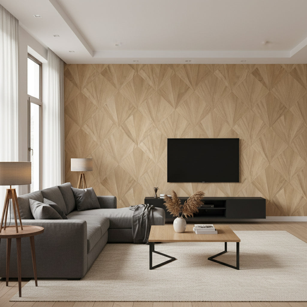 Ajiro Fanfare Polished Maple | Maya Romanoff - Living Room Visualization (AI-generated, may not be to scale. Verify pattern scale with product specifications.)