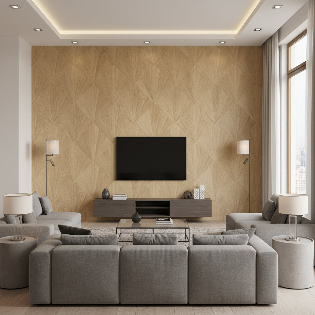 Ajiro Fanfare Oak Luster | Maya Romanoff - Living Room Visualization (AI-generated, may not be to scale. Verify pattern scale with product specifications.)