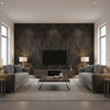 Ajiro Fanfare Ebony Luster | Maya Romanoff - Living Room Visualization (AI-generated, may not be to scale. Verify pattern scale with product specifications.)