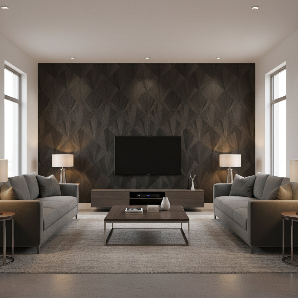 Ajiro Fanfare Ebony Luster | Maya Romanoff - Living Room Visualization (AI-generated, may not be to scale. Verify pattern scale with product specifications.)