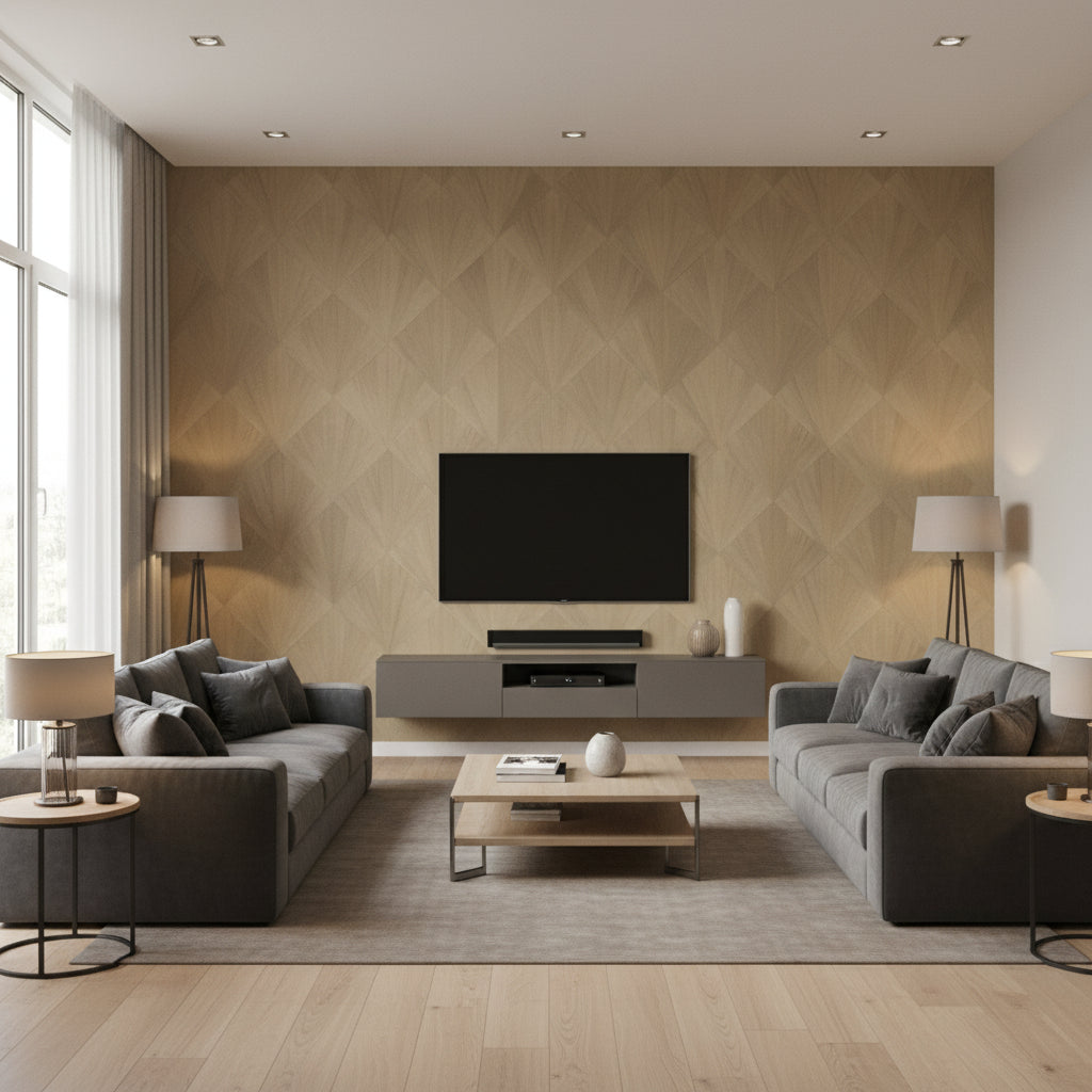 Ajiro Fanfare Teak | Maya Romanoff - Living Room Visualization (AI-generated, may not be to scale. Verify pattern scale with product specifications.)