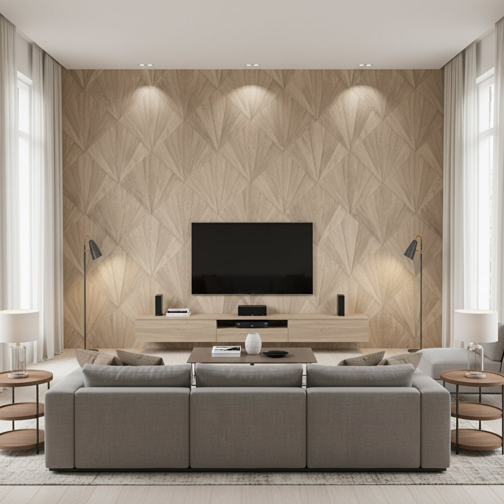 Ajiro Fanfare Teak Luster | Maya Romanoff - Living Room Visualization (AI-generated, may not be to scale. Verify pattern scale with product specifications.)